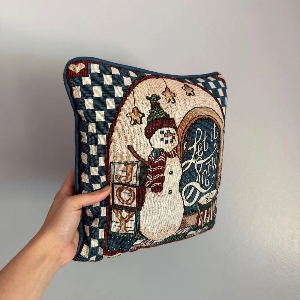 Vintage Winter Snowman Tapestry Throw Pillow Let It Snow Joy Woven  12x12
